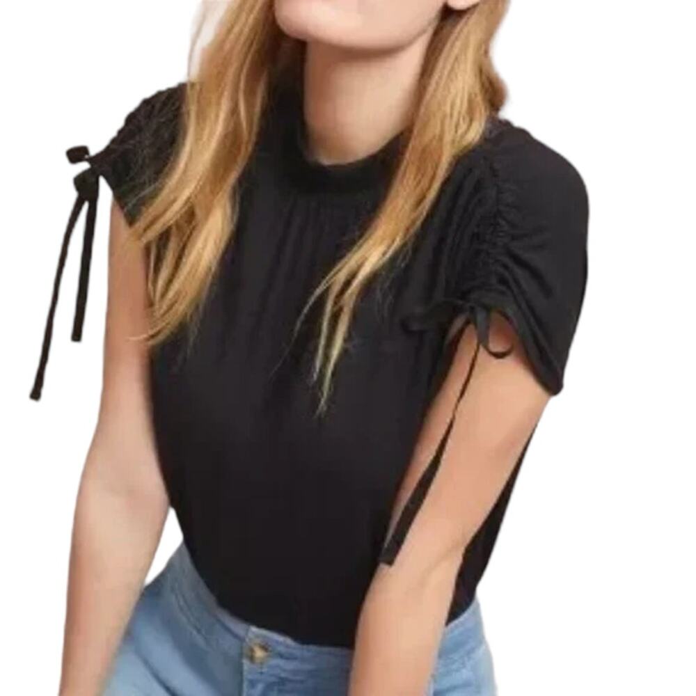 Anthropologie Women's Tie Sleeve Mock Neck Keyhole Back Black Top Size XS